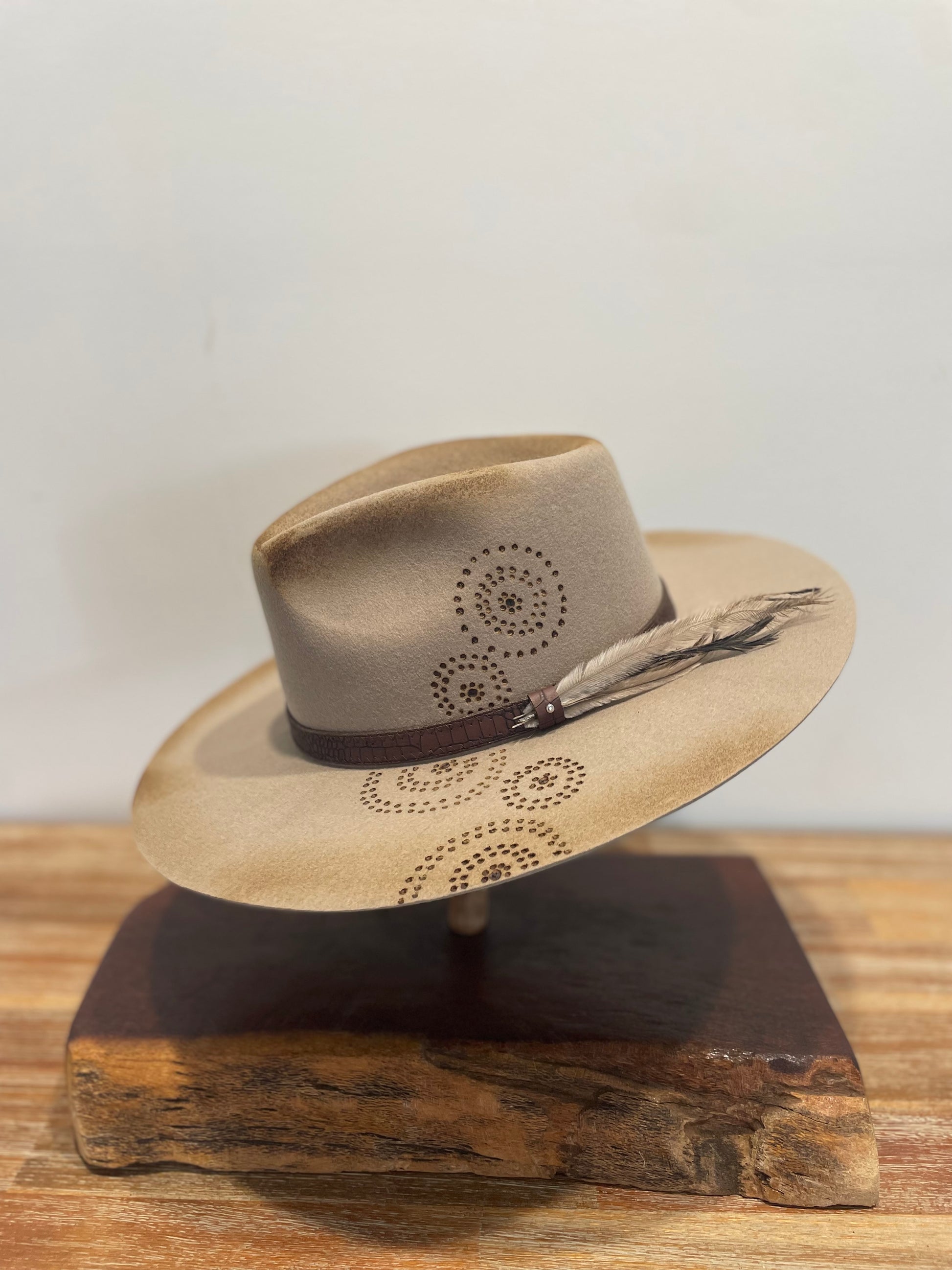 Hand Burnt Beige Fedora Hat - Gathering Paired With Emu Feather