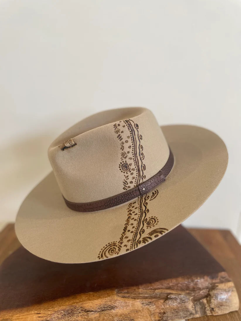 Hand Burnt Beige Fedora Hat Walking on Country