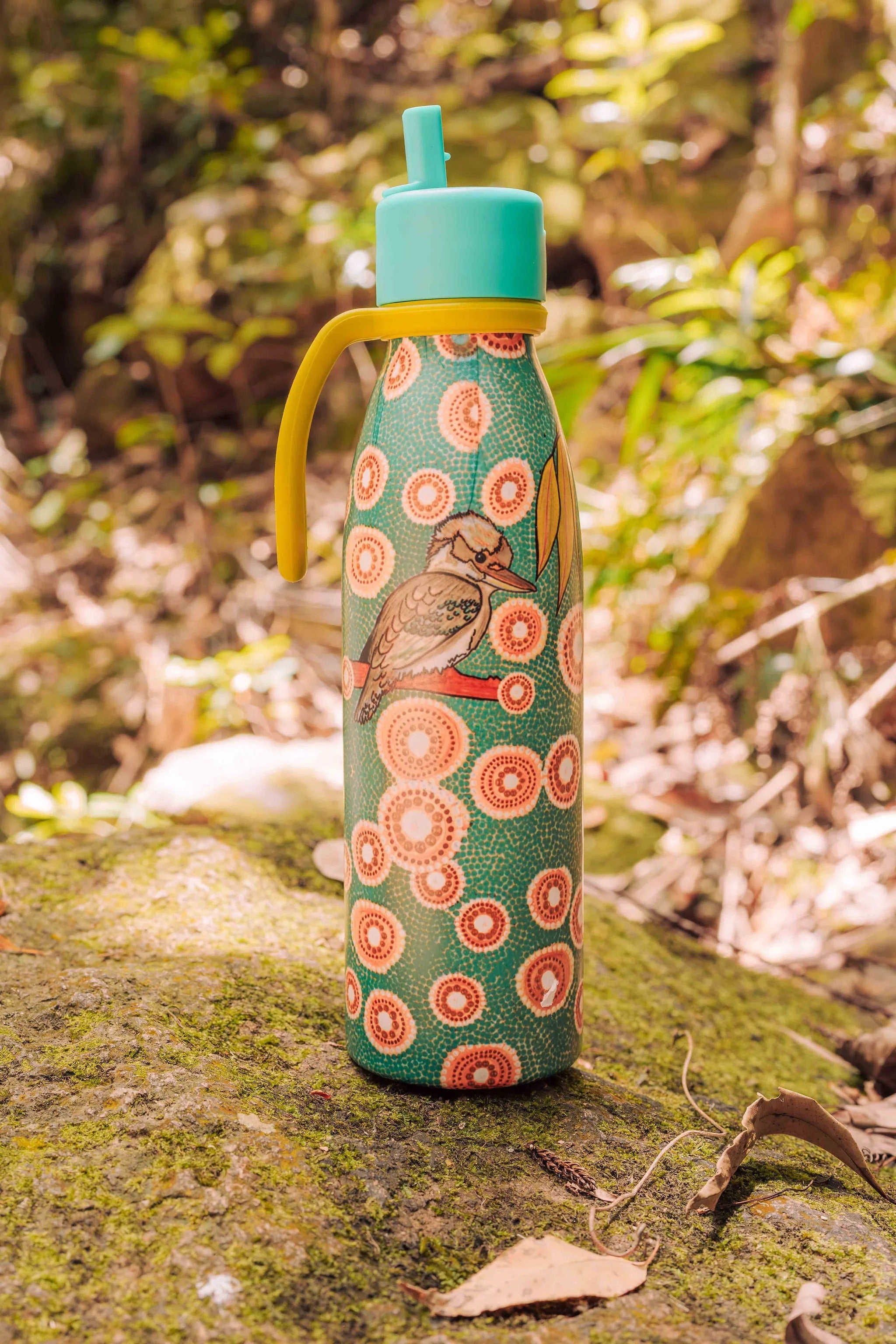 Aboriginal Kookaburra silicone handle water bottle