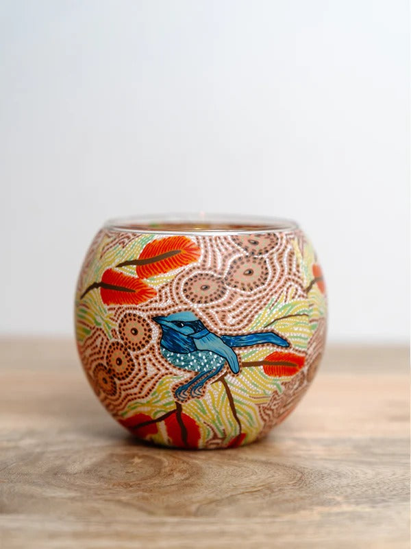 Aboriginal Blue Wren tealight candle holder