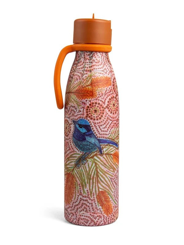 Aboriginal Blue Wren Silicone Handle Water Bottle