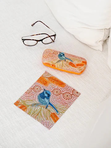 Aboriginal Blue Wren Hard Shell Glasses Case and Lens Cleaner Set