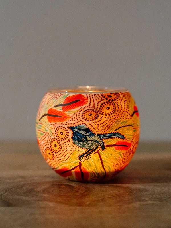 Aboriginal Blue Wren tealight candle holder