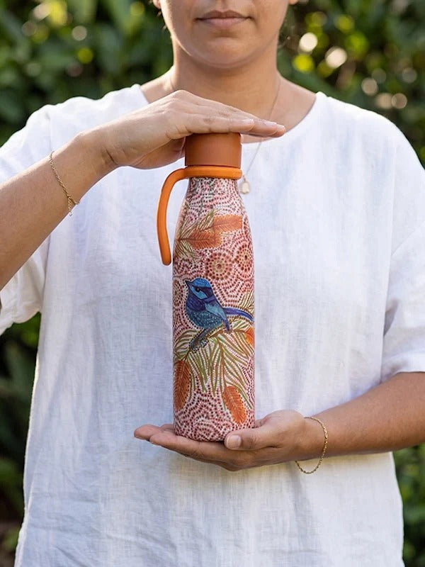 Aboriginal Blue Wren Silicone Handle Water Bottle