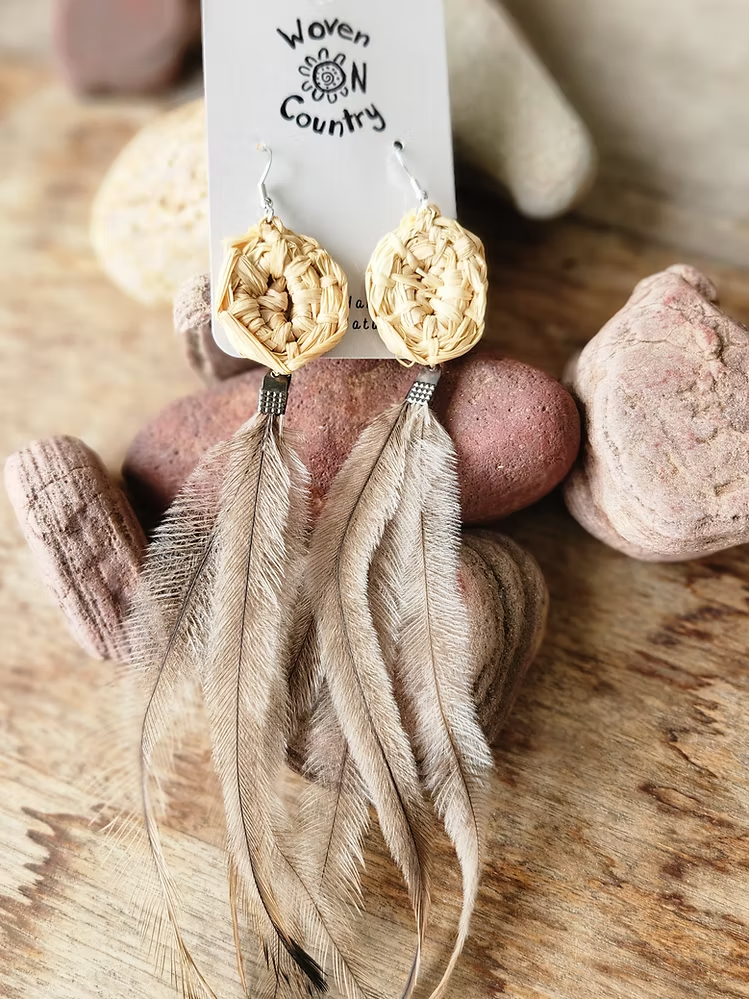 Aboriginal Emu Feather Woven Earrings