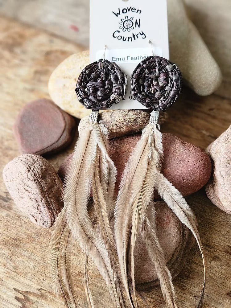 Aboriginal Emu Feather Woven Earrings