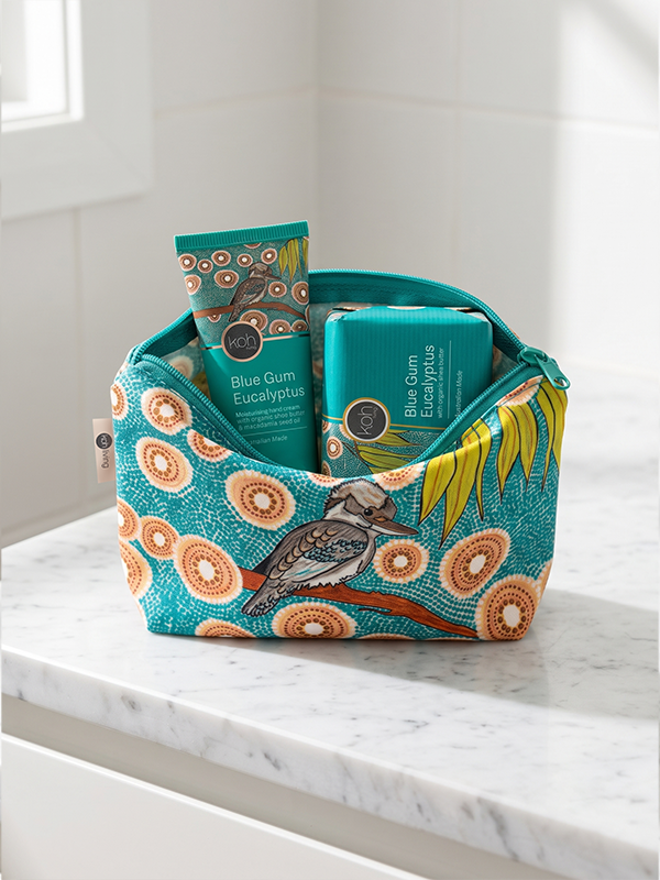 Kookaburra Dreaming artwork cosmetic bag by Domica Hill