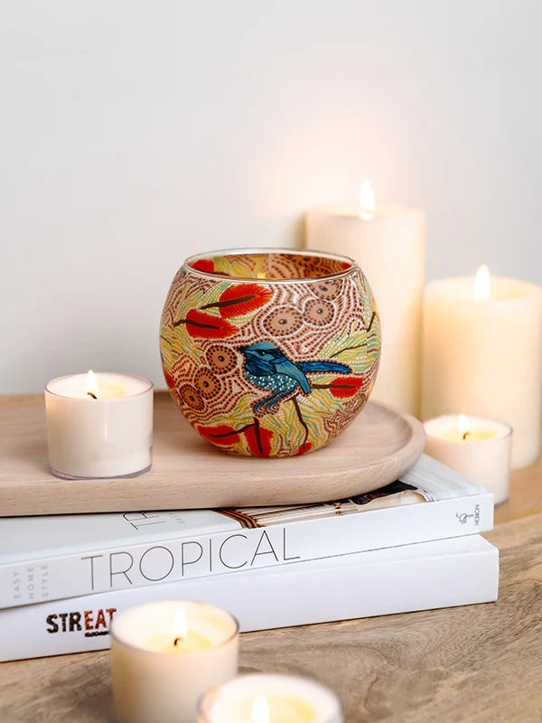 Aboriginal Blue Wren tealight candle holder