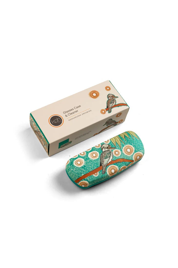 Aboriginal Kookaburra Hard Shell Glasses Case and Lens Cleaner Set
