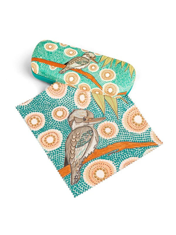 Aboriginal Kookaburra Hard Shell Glasses Case and Lens Cleaner Set