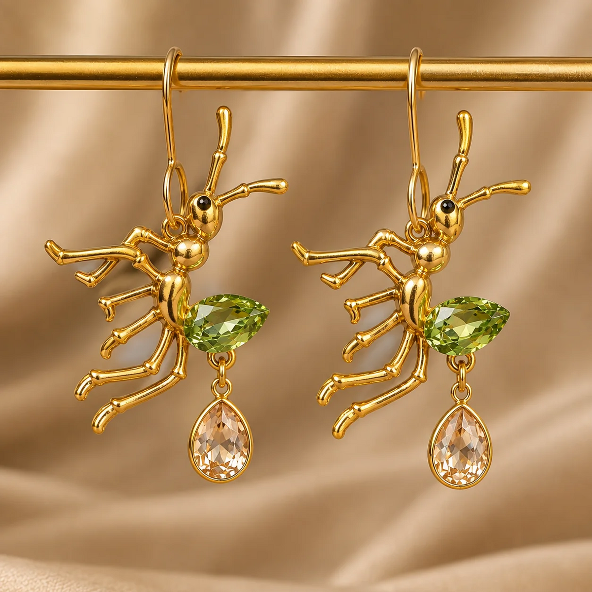 Green Ant Crystal Earrings - Champagne