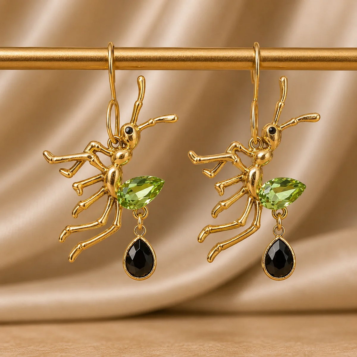 Green Ant Crystal Earrings - Black